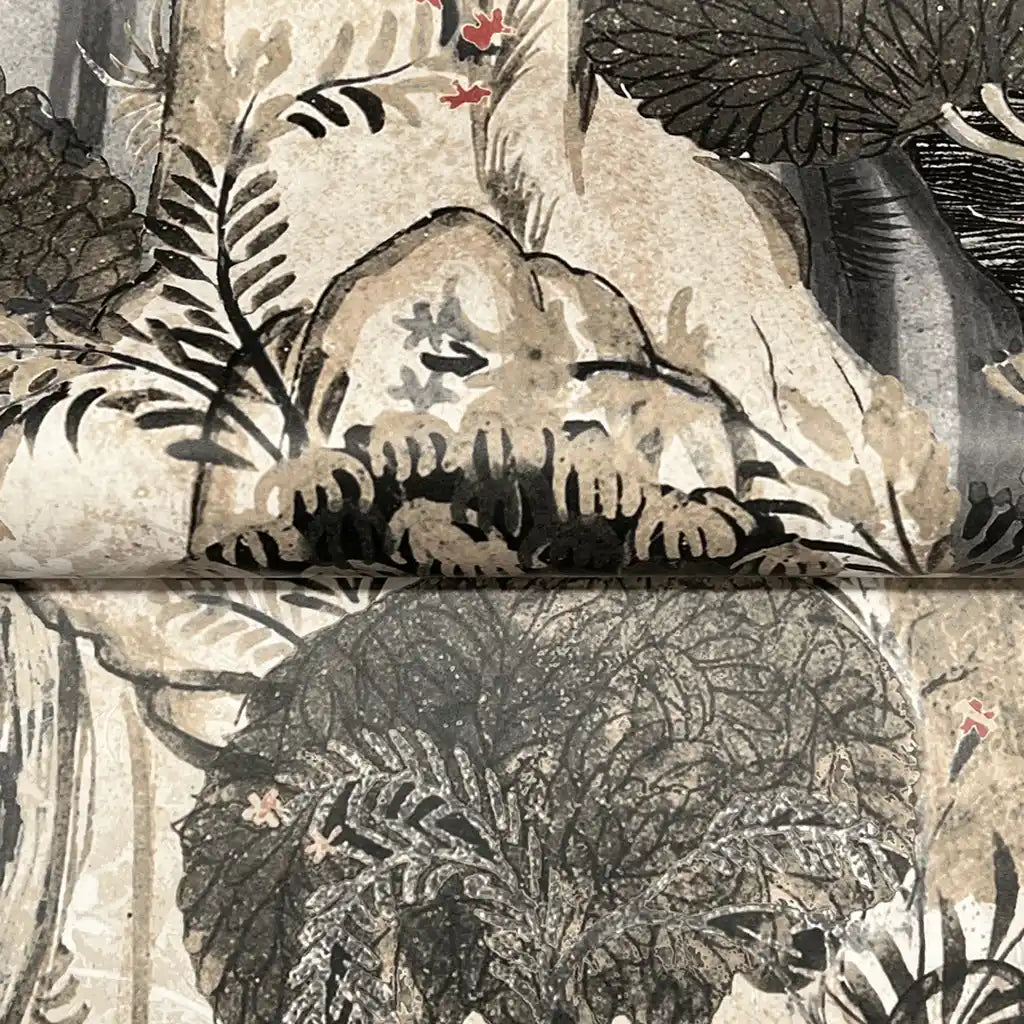 Close-up texture detail of York Wallcoverings' "Falling Waters" wallpaper in Charcoal and Beige, highlighting its intricate pattern.