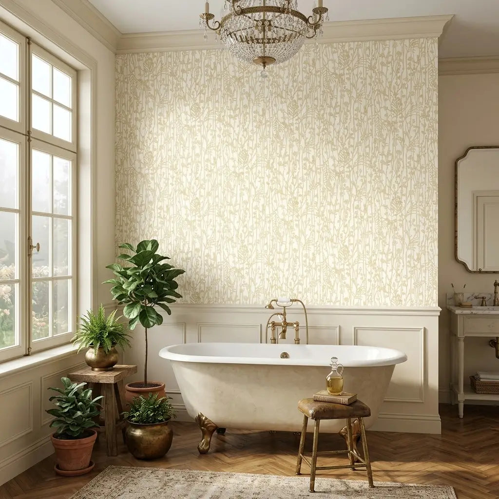 Bathroom - Stunning design featuring Filigree Cream Gold wallpaper by York Wallcoverings, creating an elegant and luxurious space.