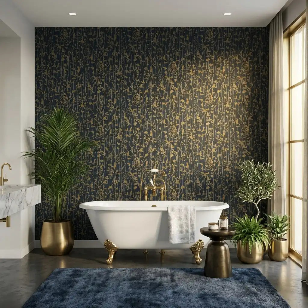 Bathroom - Elegant space featuring "Filigree" wallpaper in Navy Gold by York Wallcoverings, adding luxurious style and depth.
