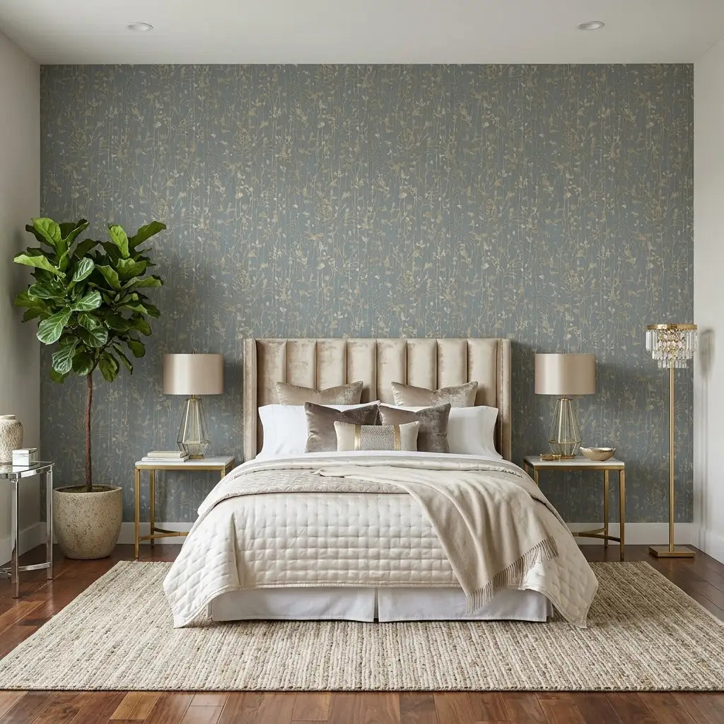 Bedroom - Elegant bedroom with 'Filigree' wallpaper in Dusty Blue by York Wallcoverings, creating a serene and stylish space.