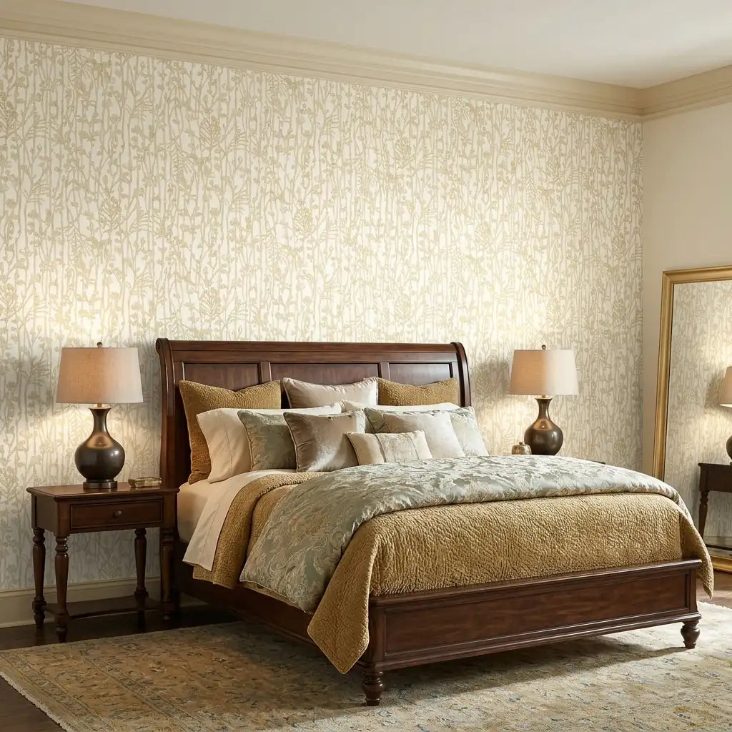 Bedroom - Luxurious space featuring York Wallcoverings' Cream Gold Filigree wallpaper, creating an opulent and inviting ambiance.