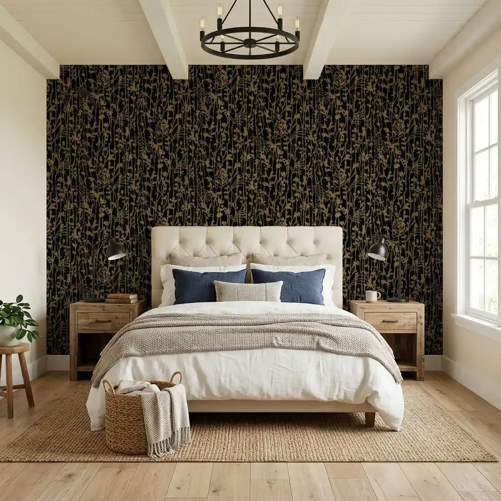 Bedroom - Elegant black and gold Filigree wallpaper by York Wallcoverings adds luxury to this stylish bedroom design.