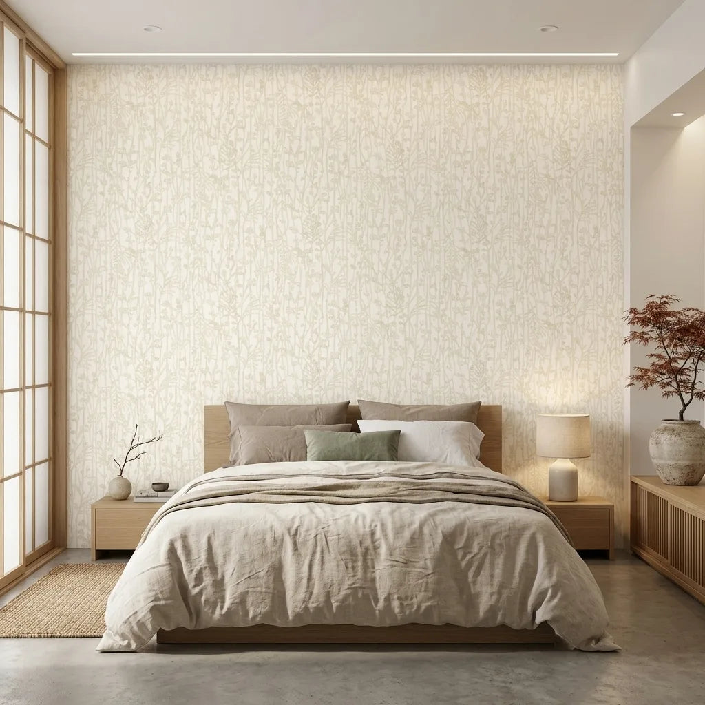 Bedroom - Transform your bedroom into an oasis of elegant tranquility with the captivating Filigree wallpaper in Warm Ivory by York Wallcoverings.
