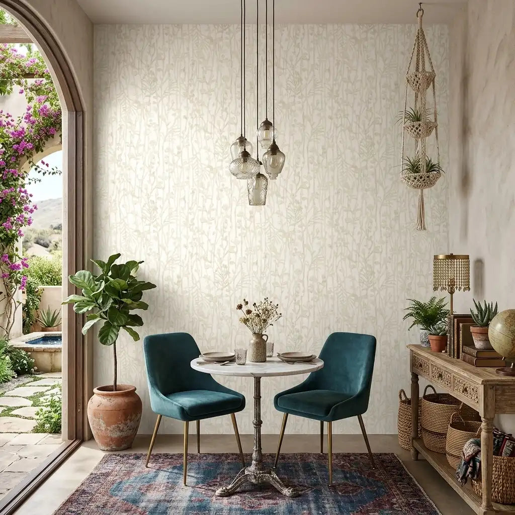 Dining Room - Features 'Filigree' wallpaper in Warm Ivory by York Wallcoverings, creating an elegant and inviting space.