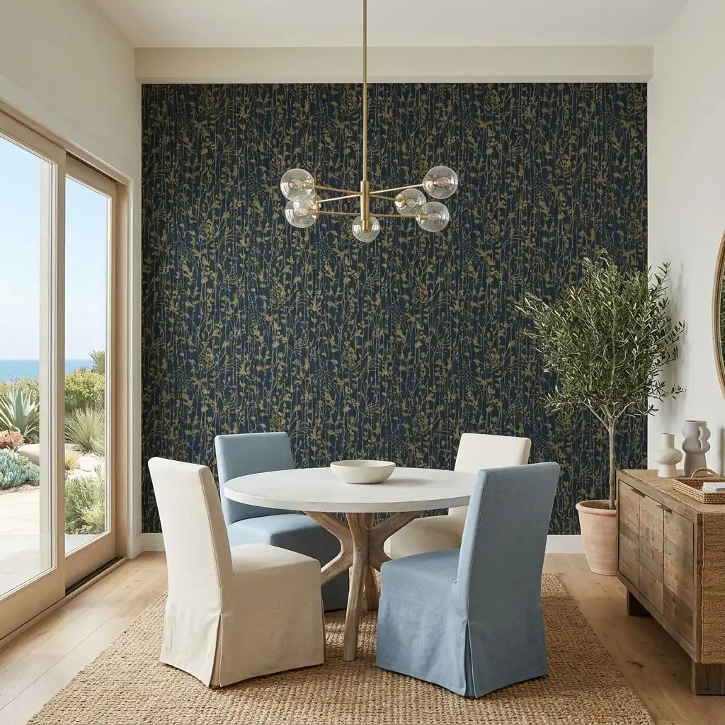 Dining Room - Elegant dining room with luxurious Navy Gold 'Filigree' wallpaper by York Wallcoverings creating a sophisticated ambiance.