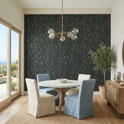 Dining Room - Elegant dining room with luxurious Navy Gold 'Filigree' wallpaper by York Wallcoverings creating a sophisticated ambiance.