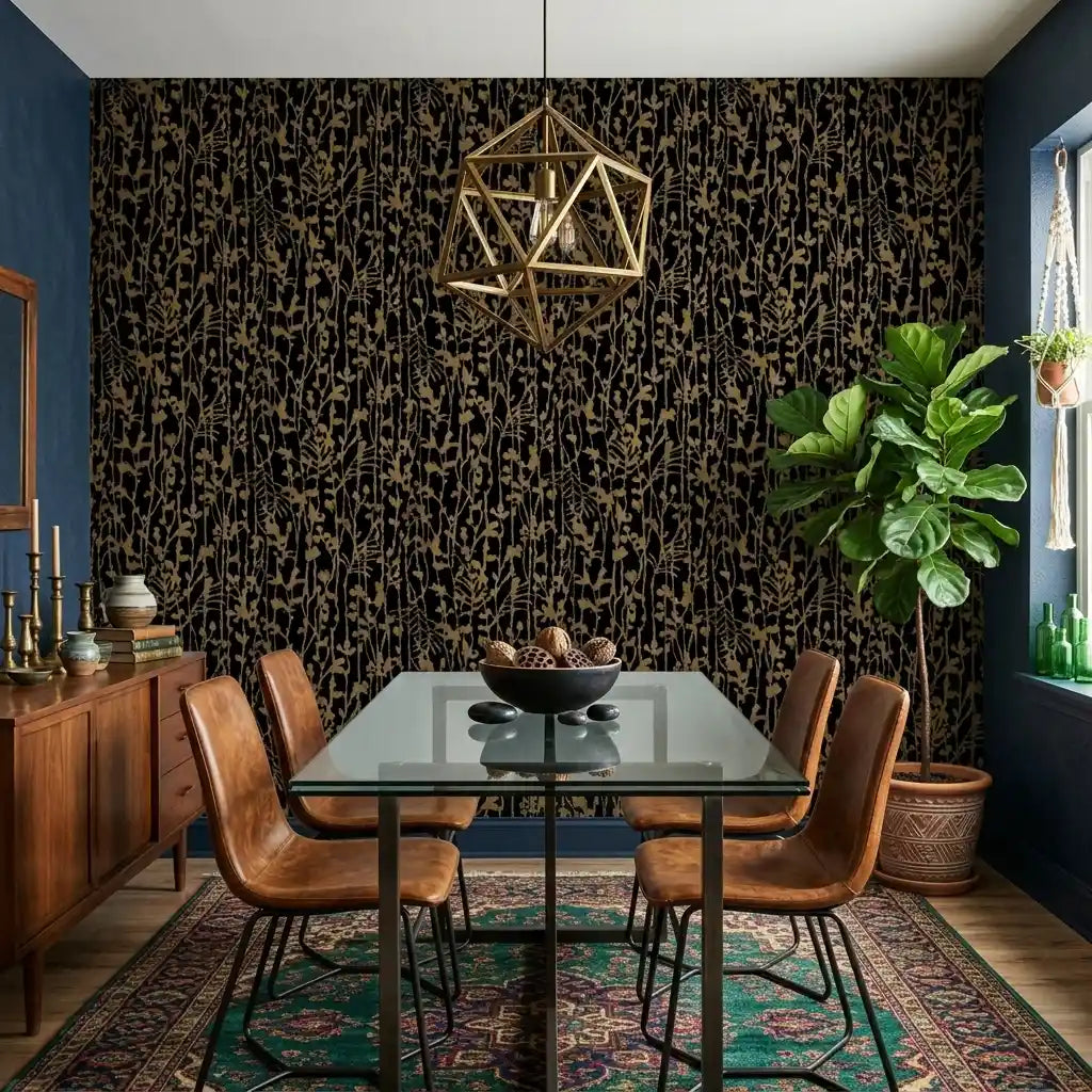 Dining Room - Elegant dining space featuring Filigree Black and Gold wallpaper by York Wallcoverings, creating a luxurious ambiance.