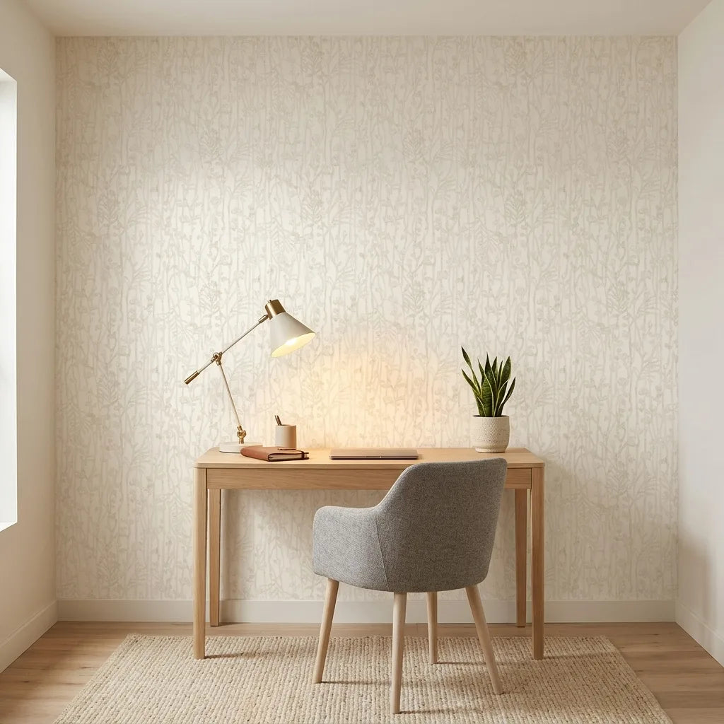Home Office - Elegant workspace with Filigree Champagne wallpaper by York Wallcoverings, creating a sophisticated environment.