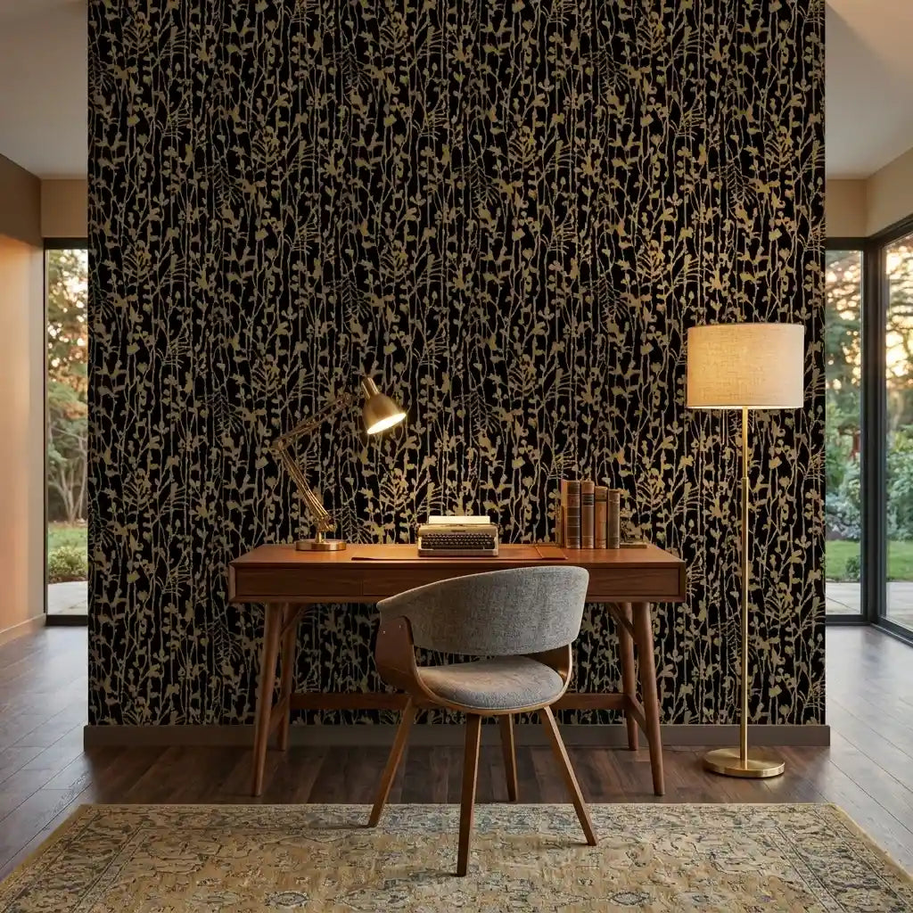 Home Office - Stylish workspace showcasing York Wallcoverings Filigree wallpaper in elegant Black and Gold, perfect for productivity.
