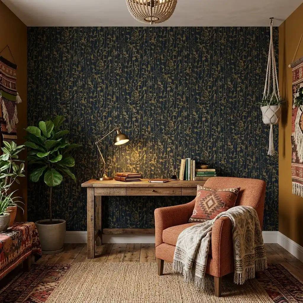 Home Office - Featuring York Wallcoverings' striking Filigree wallpaper in navy gold, this room is a chic and functional workspace.