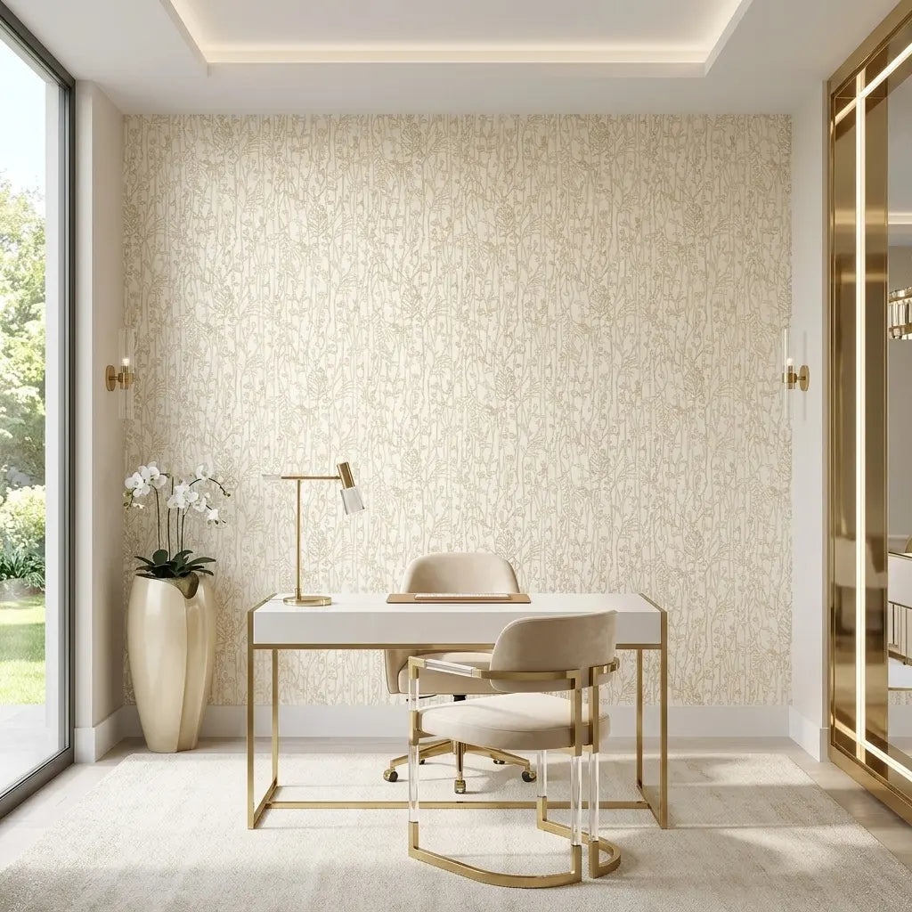 Home Office - Serene workspace showcasing York Wallcoverings Filigree wallpaper in Warm Ivory, adding subtle texture and elegance.