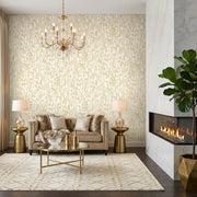 Living Room - Elegant space featuring York Wallcoverings' Cream Gold "Filigree" wallpaper for a luxurious feel.