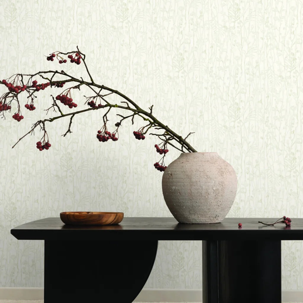 Luxurious living room featuring Champagne 'Filigree' wallpaper by York Wallcoverings, adding an elegant touch.