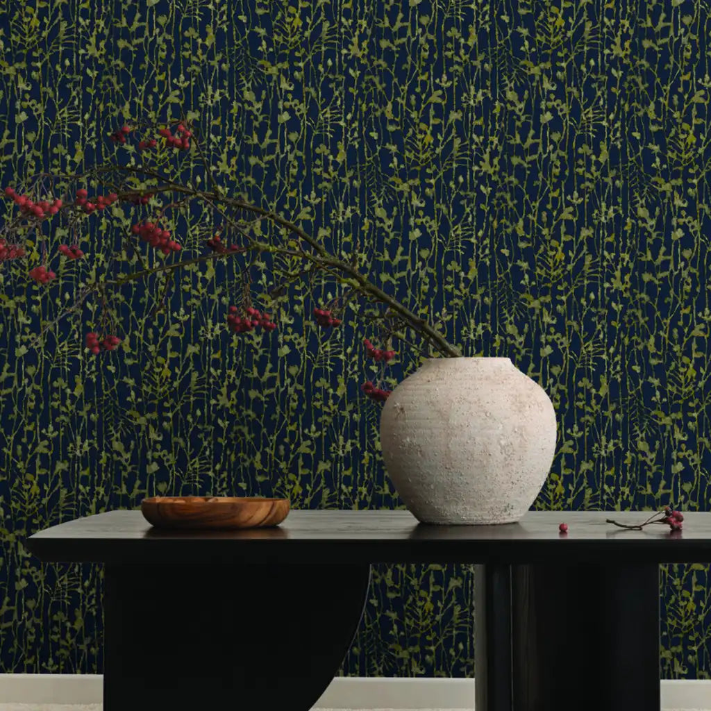 Luxurious living room showcasing elegant Filigree wallpaper in Navy Gold by York Wallcoverings, creating a sophisticated focal point.