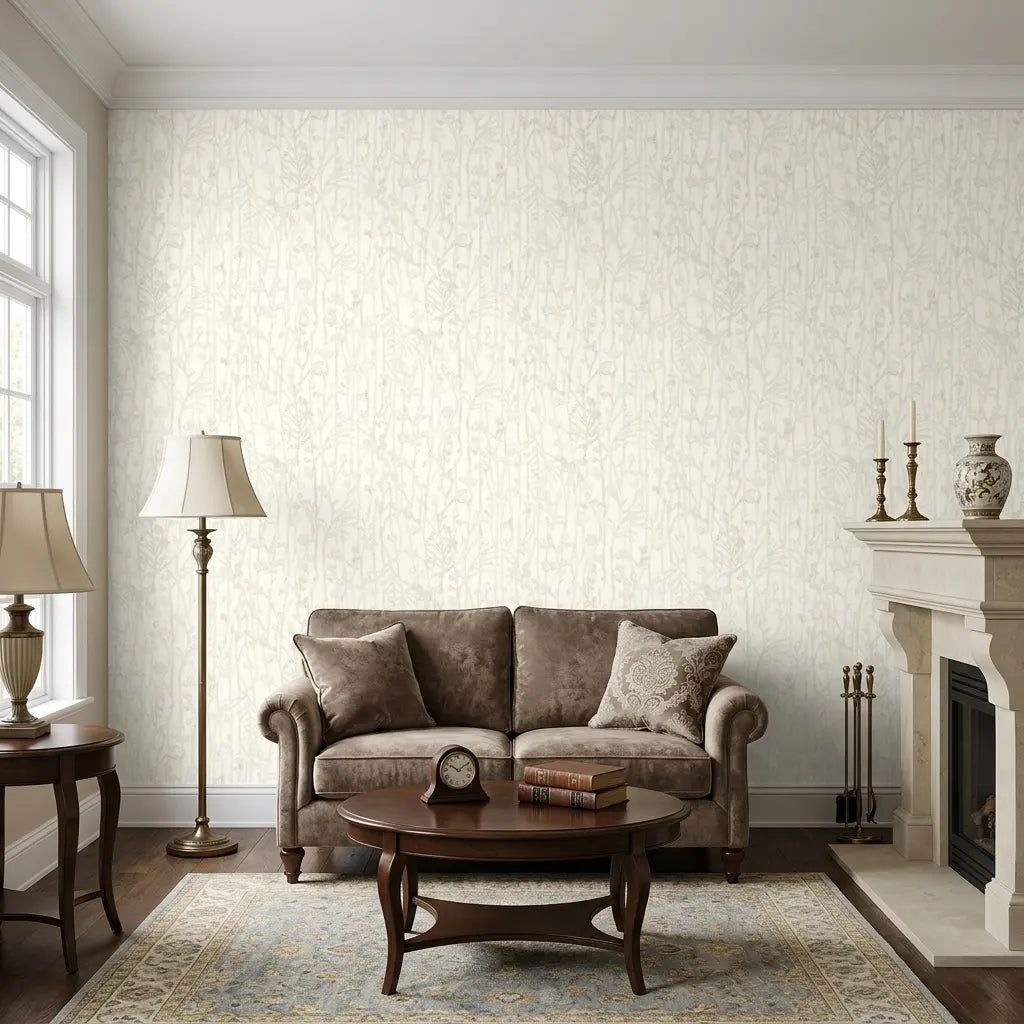 Living Room - Elegant living room showcasing Champagne Filigree wallpaper by York Wallcoverings, creating a sophisticated ambiance.
