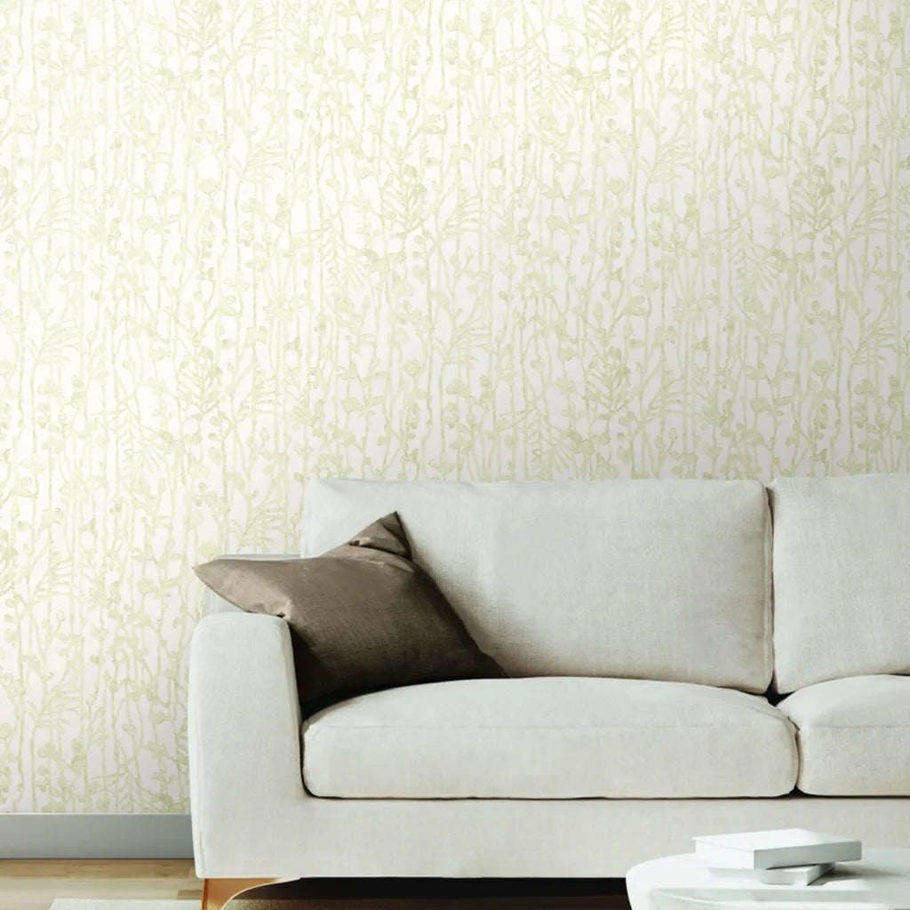 Elegant living room featuring Filigree wallpaper in Warm Ivory by York Wallcoverings, creating a sophisticated and inviting space.