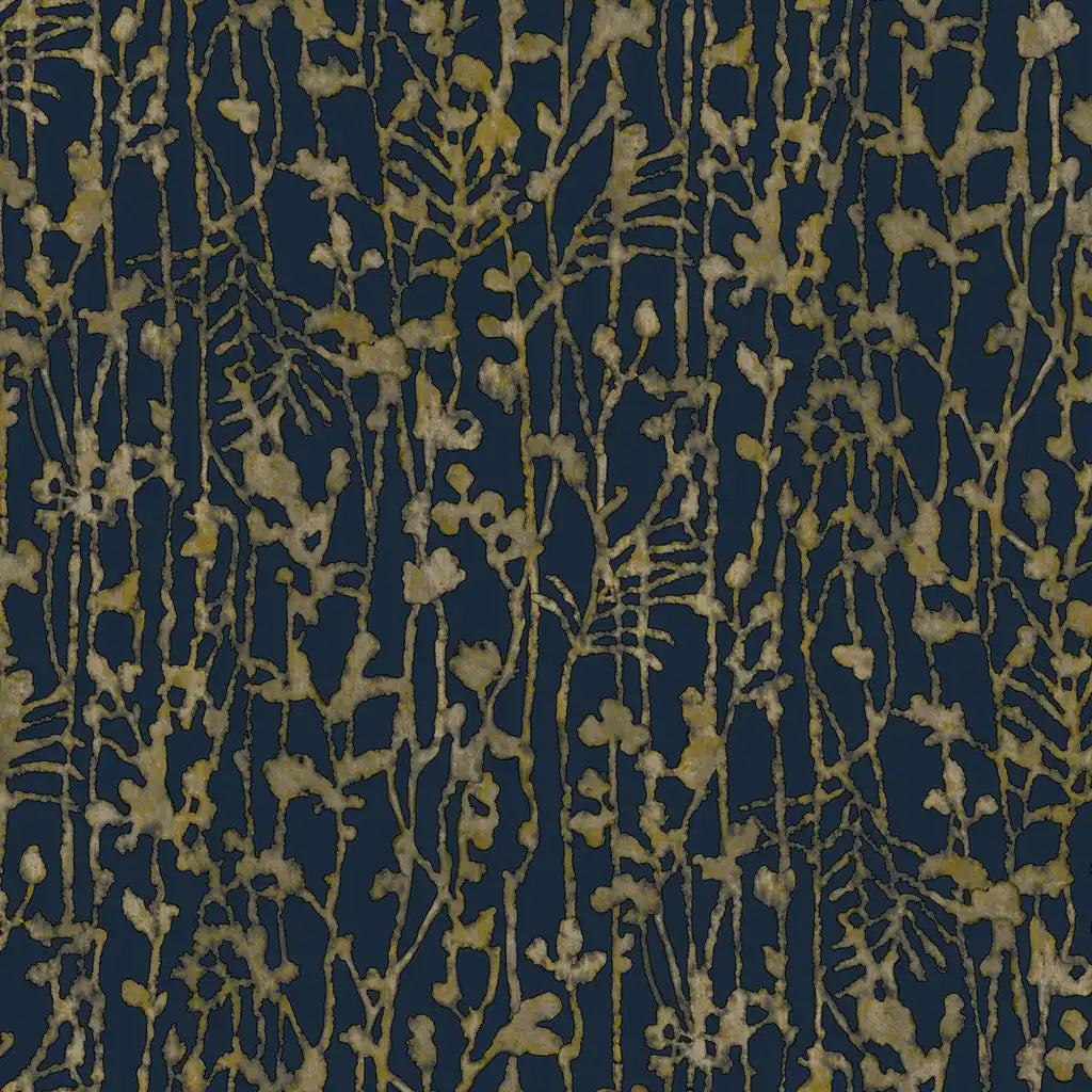 York Wallcoverings 'Filigree' wallpaper pattern swatch (SKU VR1561) in Navy Gold, showcasing an elegant and intricate metallic design.