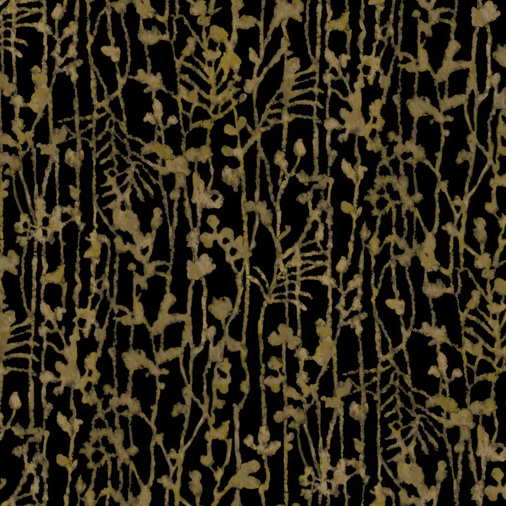 Black and gold Filigree wallpaper pattern swatch by York Wallcoverings, showcasing its intricate metallic design.