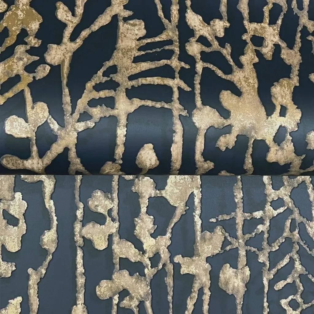 Intricate Navy Gold Filigree wallpaper texture close-up by York Wallcoverings, highlighting metallic detail.