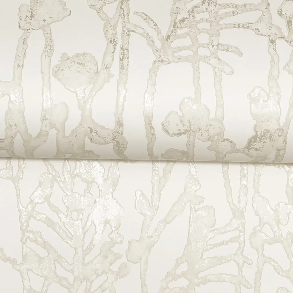 Intricate close-up texture detail of Filigree wallpaper in Warm Ivory by York Wallcoverings.