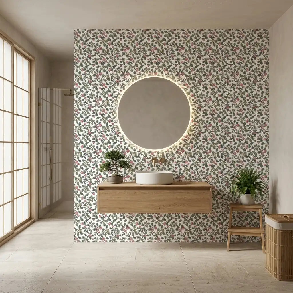 Bathroom - Framboise pink, green, white wallpaper by York Wallcoverings creates a vibrant, stylish space.