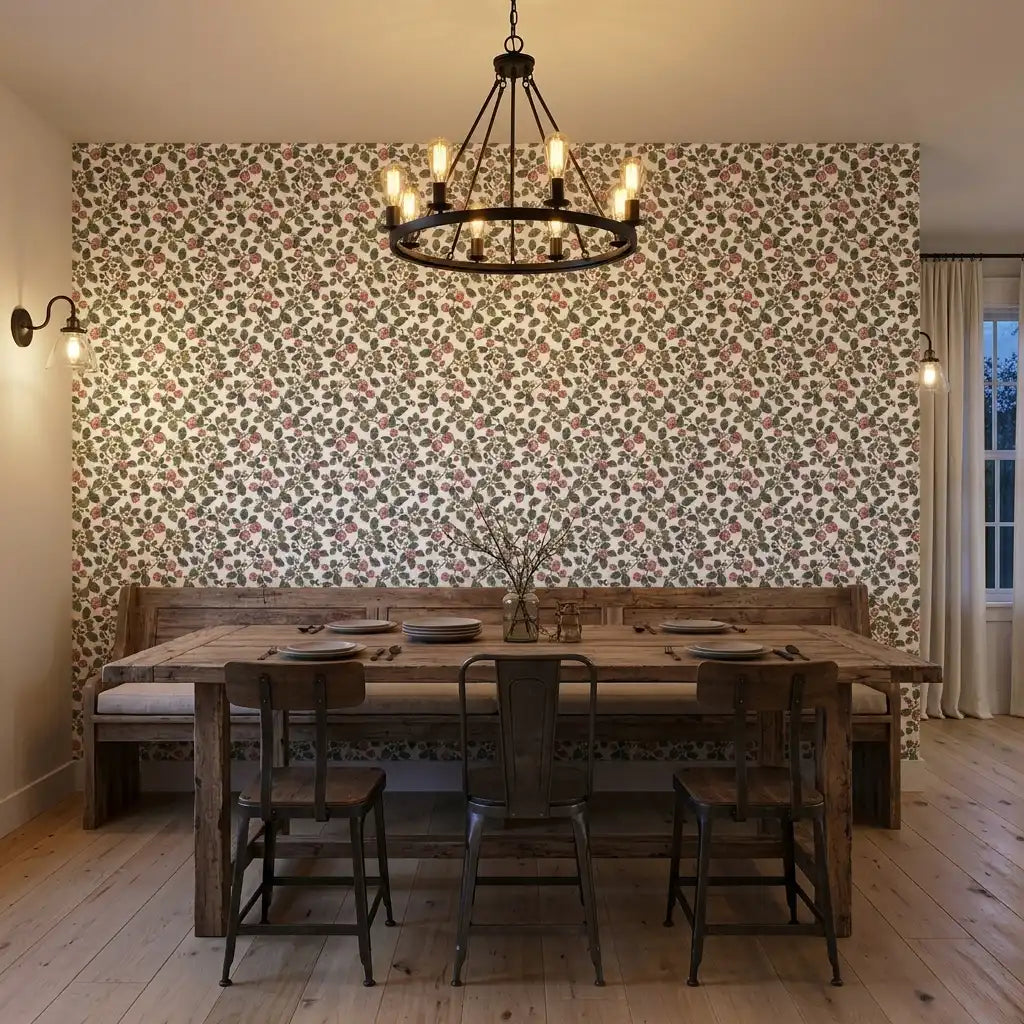 Dining Room - Elegant dining room showcasing York Wallcoverings' Framboise wallpaper in a beautiful pink, green, and white floral pattern.