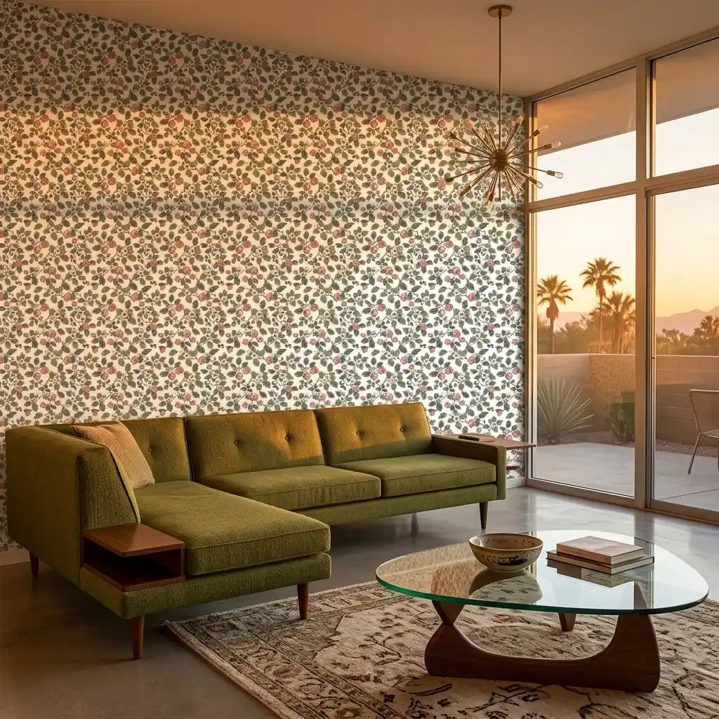 Living Room - Framboise wallpaper by York Wallcoverings in pink, green, and white adds vibrant charm to this space.