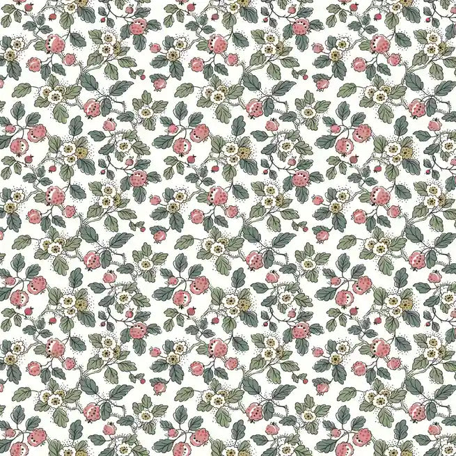 Framboise wallpaper pattern swatch by York Wallcoverings (VP1412) features a charming floral design in shades of pink, green, and white.