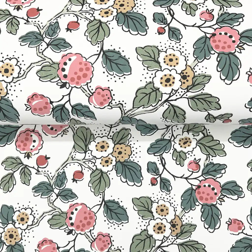 Close-up texture detail of 'Framboise' wallpaper by York Wallcoverings, featuring pink, green, and white colors.
