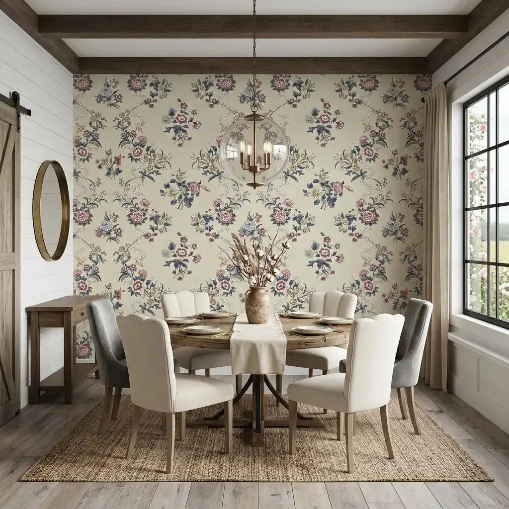 Dining Room - Features "Genevieve" wallpaper by York Wallcoverings in a beautiful Pink, Beige, Blue floral pattern.