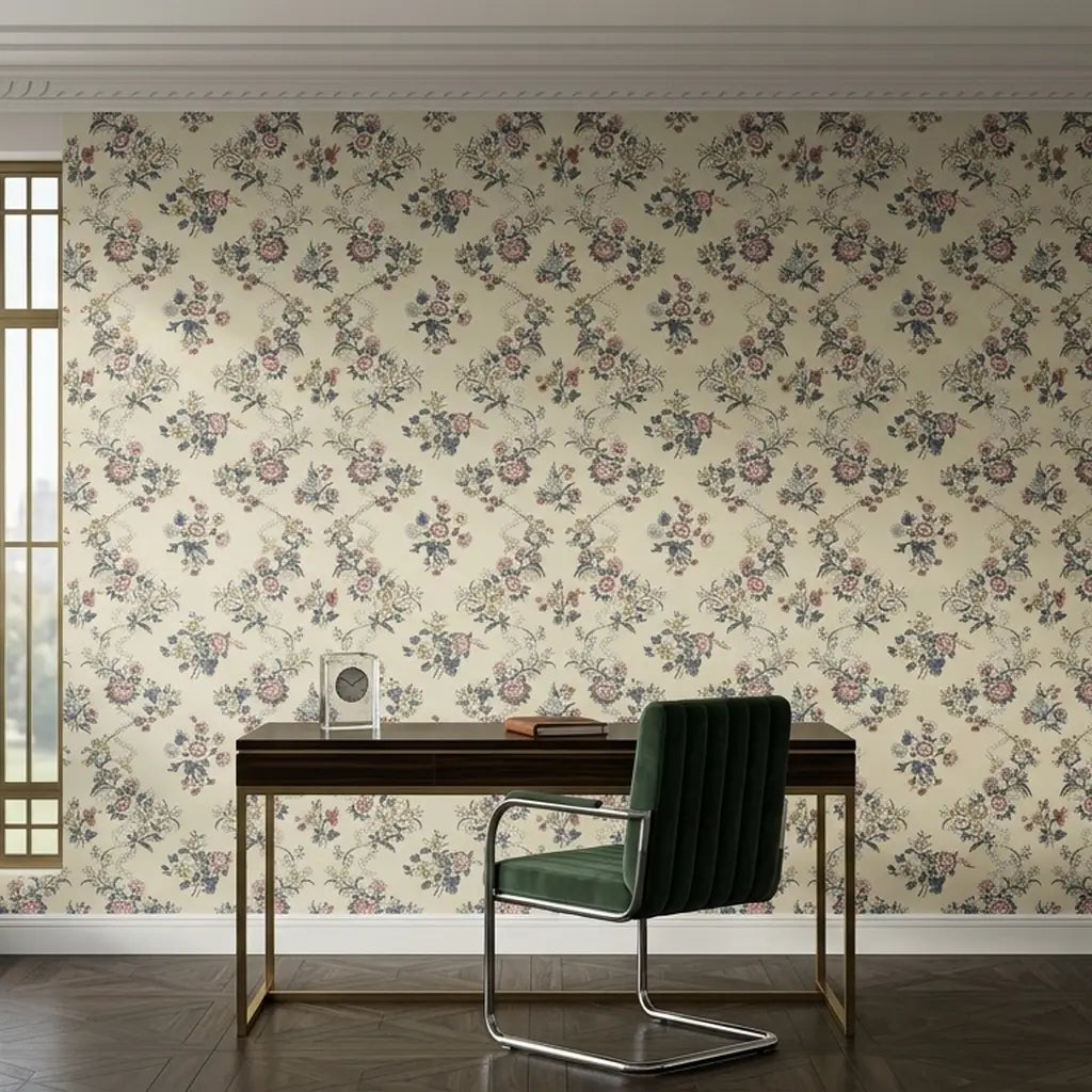 Home Office - Elegant workspace featuring Genevieve wallpaper in Pink, Beige, Blue by York Wallcoverings.