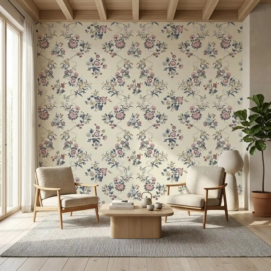Living Room - Genevieve wallpaper by York Wallcoverings in Pink, Beige, Blue creates a serene, stylish space.