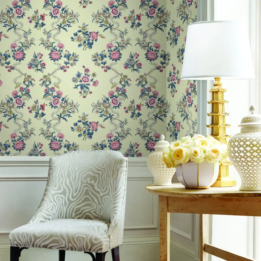 Living room showcasing the beautiful Genevieve wallpaper in Pink, Beige, Blue by York Wallcoverings, creating a serene space.