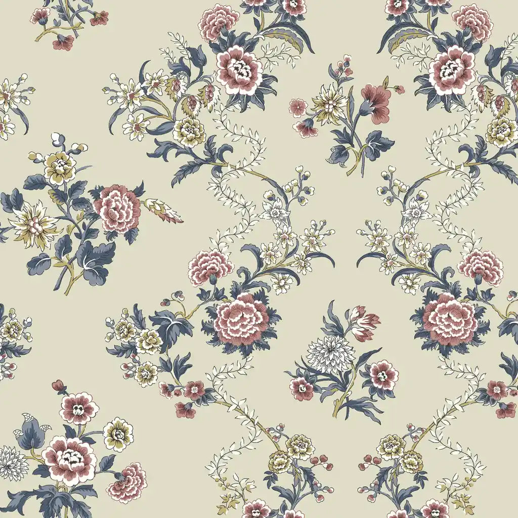 York Wallcoverings Genevieve wallpaper pattern swatch displaying a design in pink, beige, and blue.