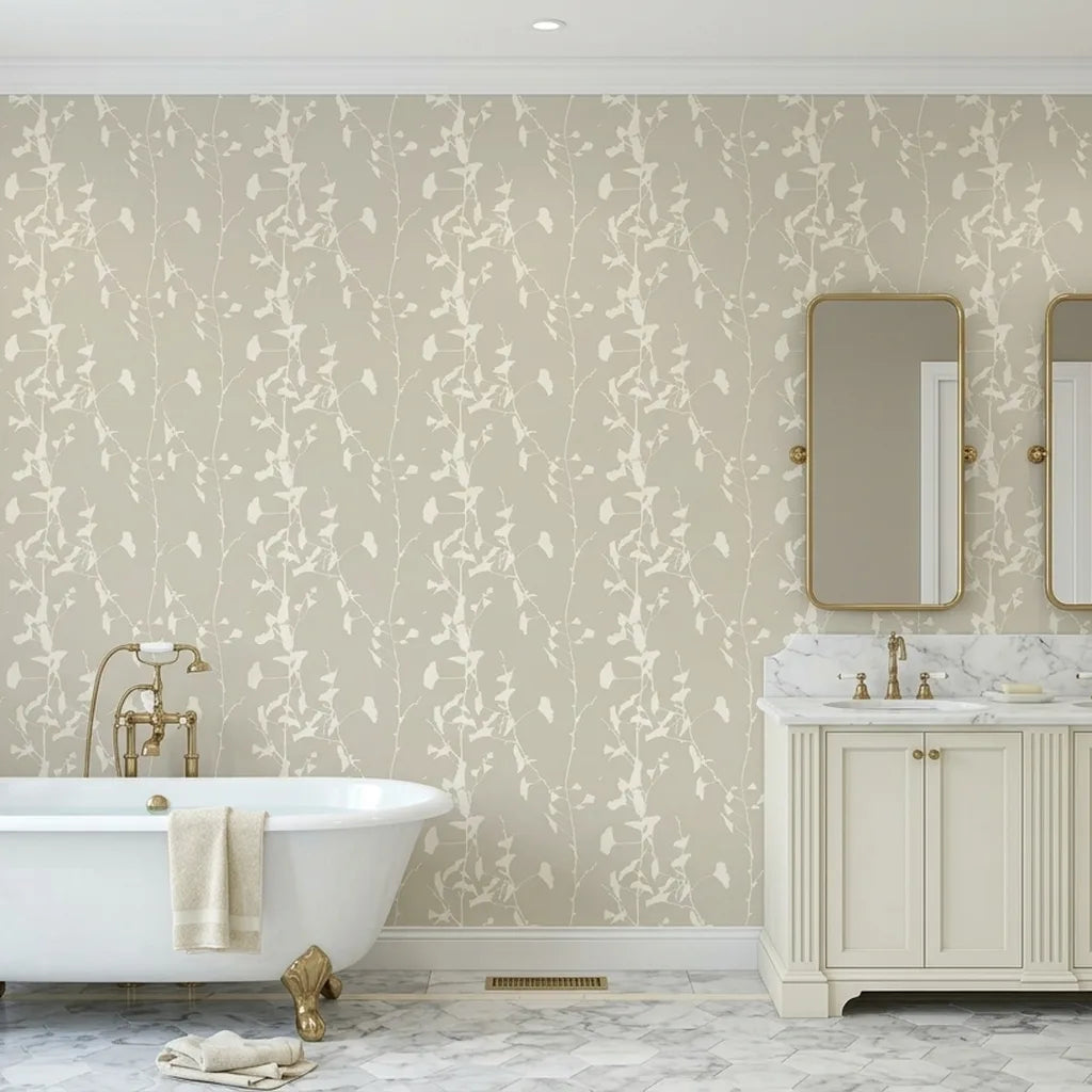 Bathroom - Modern bathroom featuring elegant Ginkgo Silhouette wallpaper in Warm Ivory by York Wallcoverings.