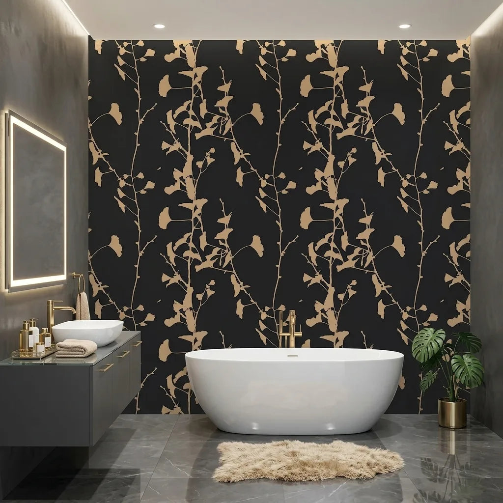 Bathroom - Stylishly designed with "Ginkgo Silhouette" wallpaper in Charcoal and Tan by York Wallcoverings.