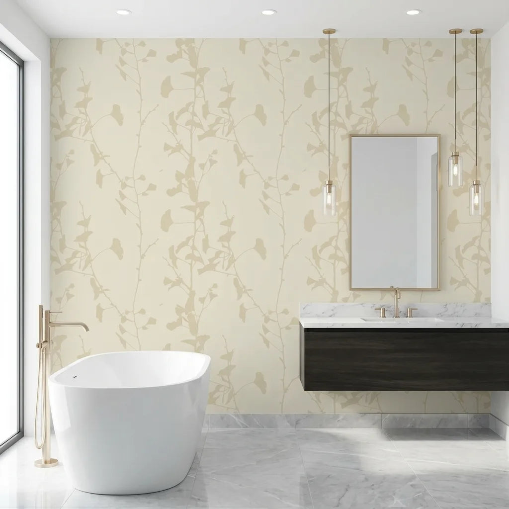 Bathroom - Elegant space with "Ginkgo Silhouette" wallpaper in Cream Beige from York Wallcoverings, adding a sophisticated natural touch.