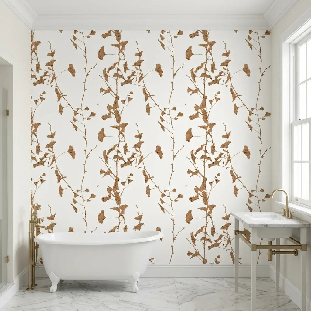 Bathroom - Elegant space featuring Ginkgo Silhouette wallpaper in Cork by York Wallcoverings, creating a serene botanical retreat.