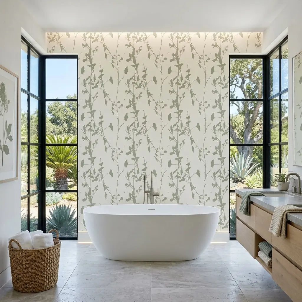 Bathroom - Elegant sage green Ginkgo Silhouette wallpaper by York Wallcoverings creates a serene and stylish space.
