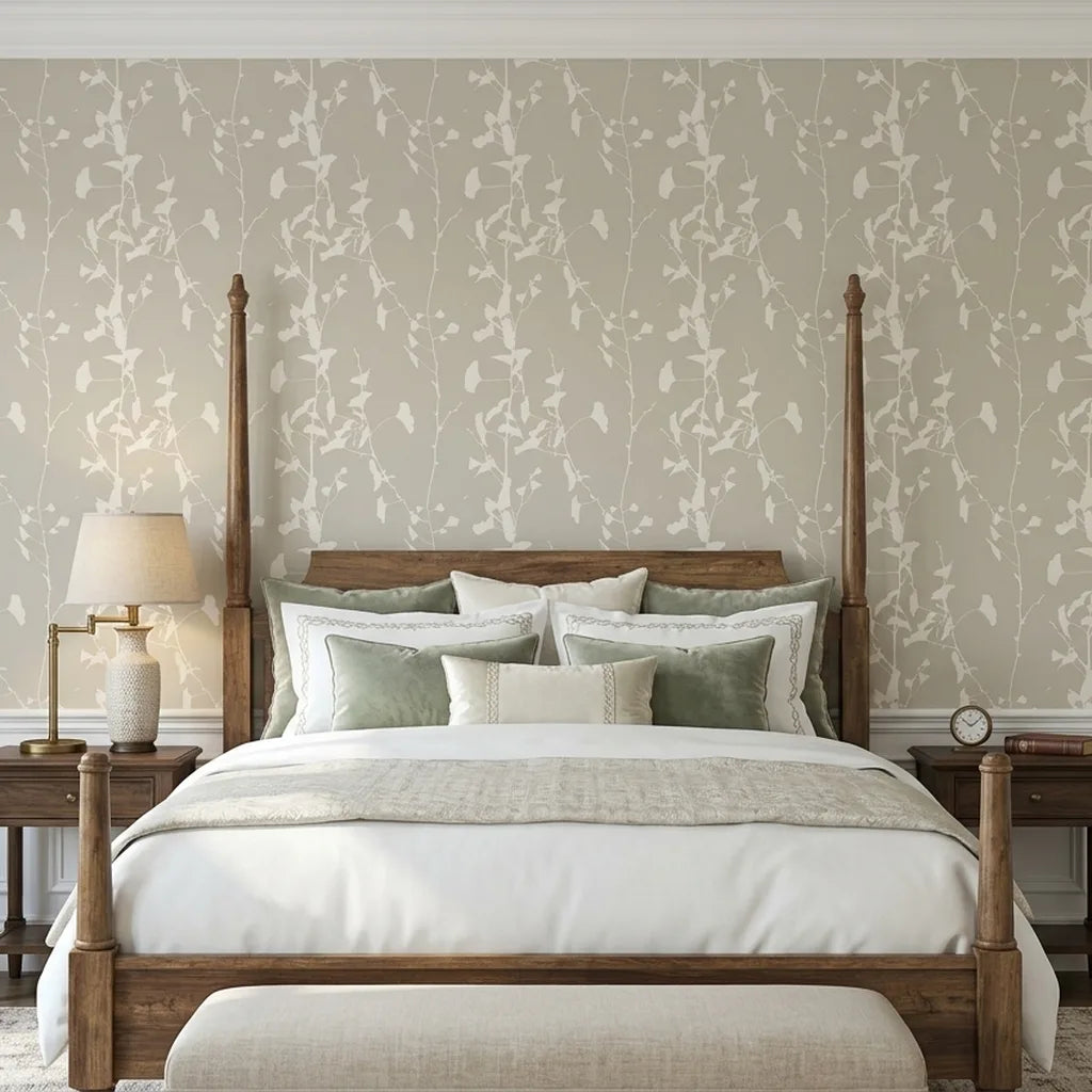 Bedroom - Elegant bedroom showcasing Ginkgo Silhouette wallpaper in Warm Ivory by York Wallcoverings.
