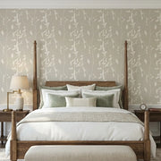 Bedroom - Elegant bedroom showcasing Ginkgo Silhouette wallpaper in Warm Ivory by York Wallcoverings.