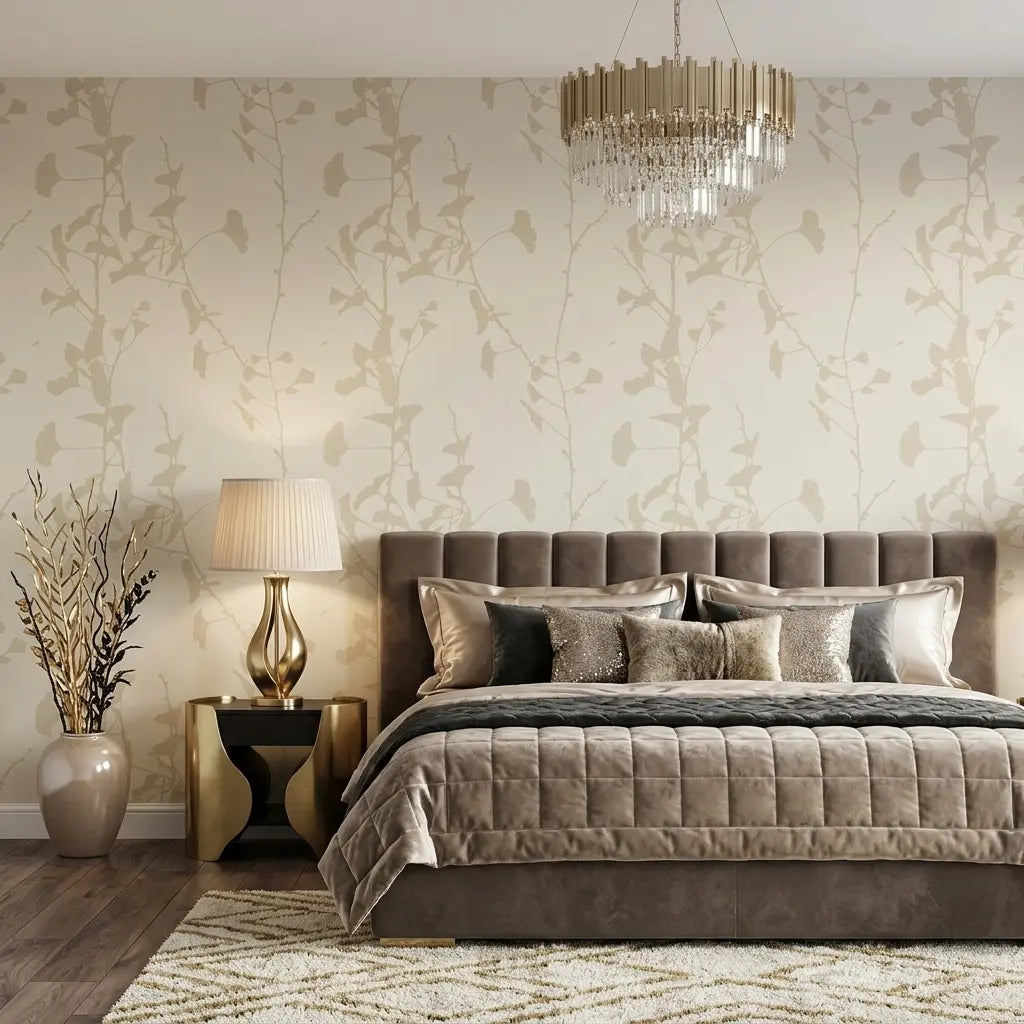 Bedroom - Elegant bedroom with Cream Beige Ginkgo Silhouette wallpaper by York Wallcoverings, creating a serene and stylish space.