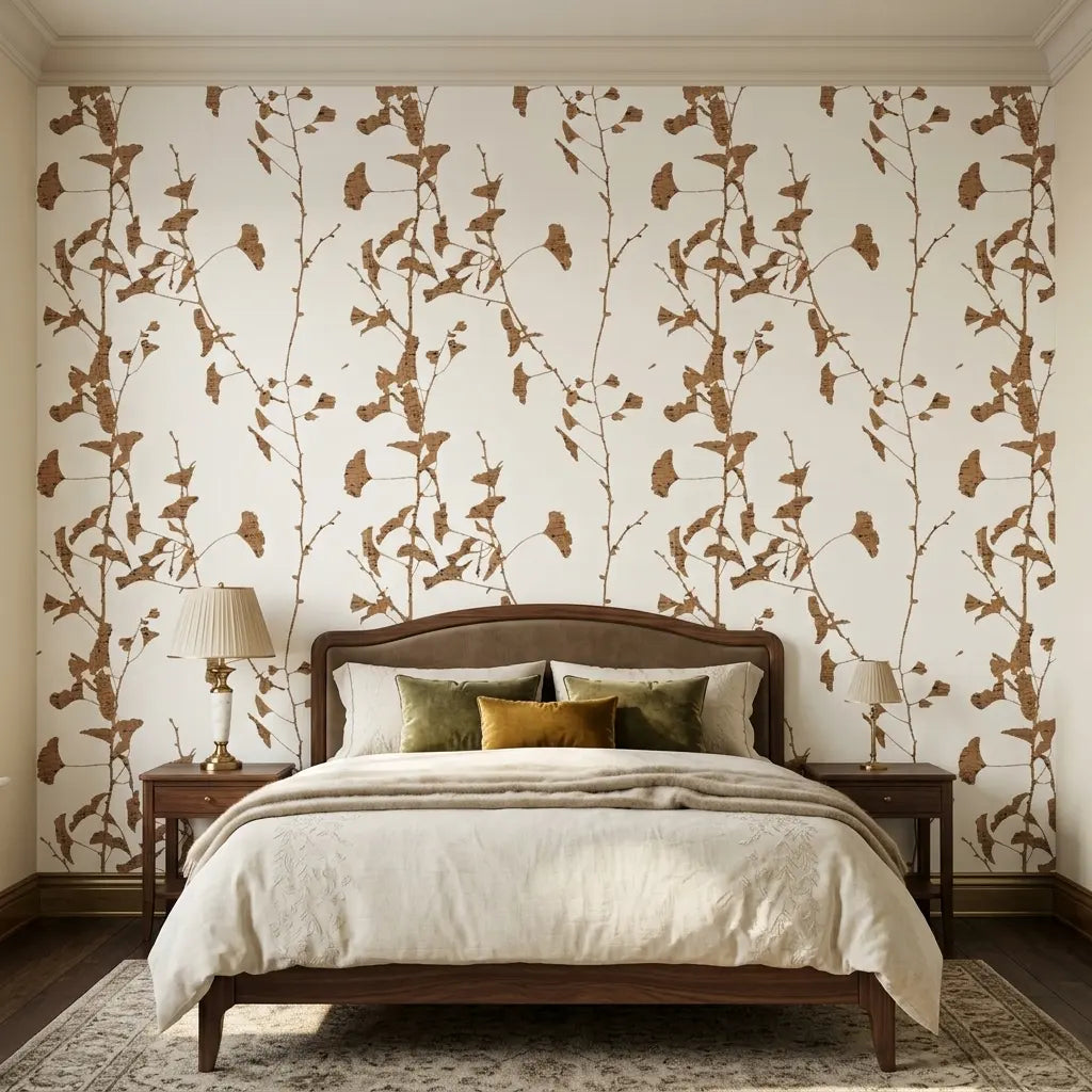 Bedroom - Elegant space with "Ginkgo Silhouette" wallpaper in Cork by York Wallcoverings, creating a serene botanical retreat.