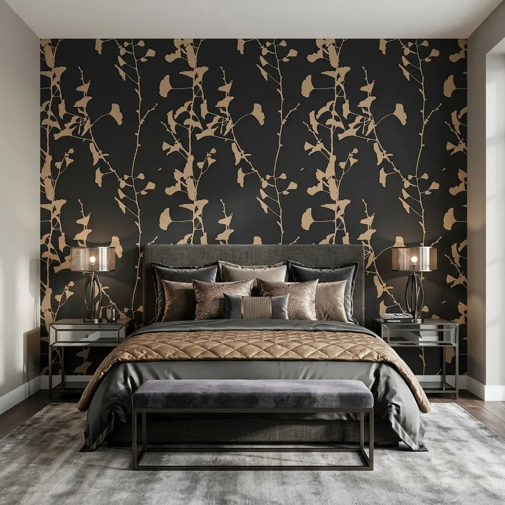 Bedroom - Contemporary bedroom design featuring Ginkgo Silhouette wallpaper in Charcoal and Tan by York Wallcoverings.
