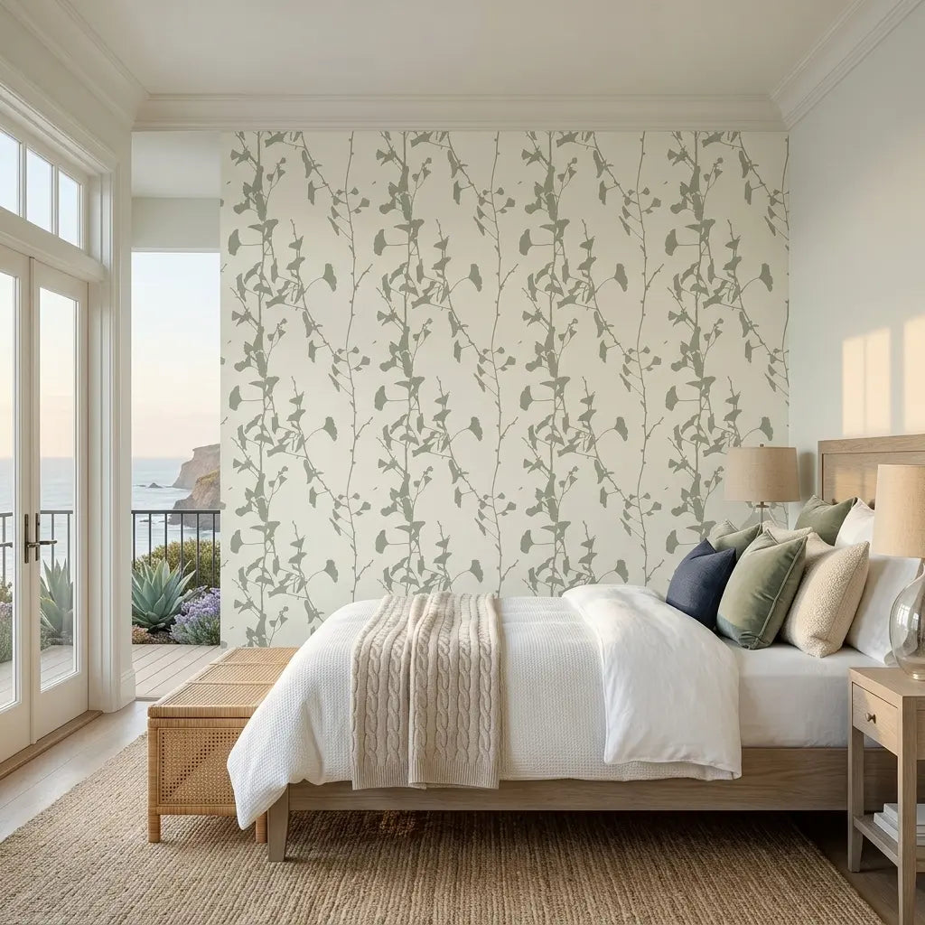 Bedroom - Elegant bedroom with Ginkgo Silhouette wallpaper in Sage Green by York Wallcoverings, creating a serene botanical retreat.