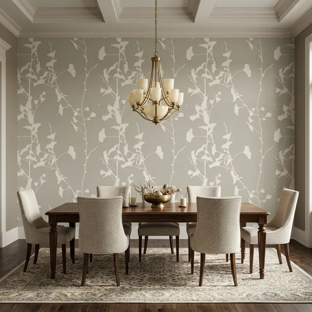 Dining Room - Elegant dining room with "Ginkgo Silhouette" wallpaper in Warm Ivory by York Wallcoverings, creating a sophisticated ambiance.