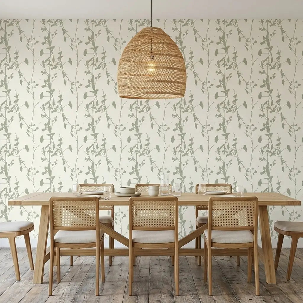Dining Room - Elegant space featuring York Wallcoverings' Sage Green 'Ginkgo Silhouette' wallpaper, creating a serene atmosphere.