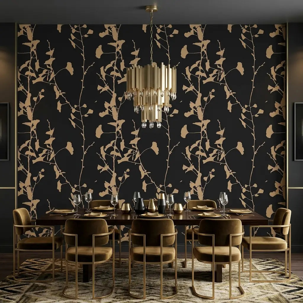 Dining Room - Modern dining room with elegant Ginkgo Silhouette wallpaper in Charcoal and Tan by York Wallcoverings.
