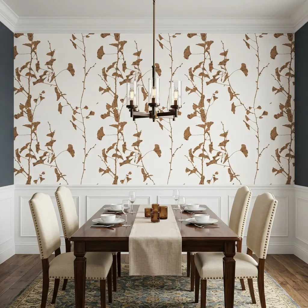 Dining Room - Elegant dining room with 'Ginkgo Silhouette' Cork wallpaper from York Wallcoverings.