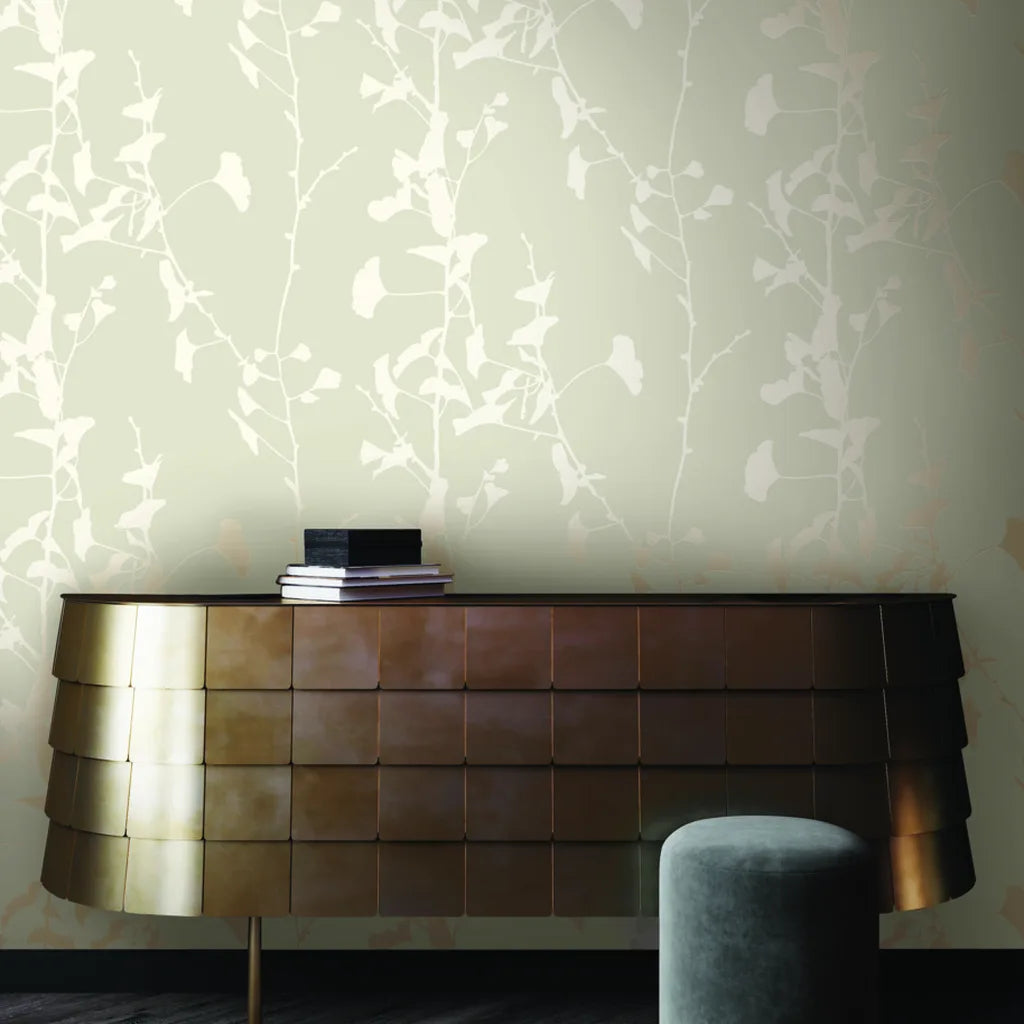 Warm Ivory Ginkgo Silhouette wallpaper by York Wallcoverings adds elegant nature-inspired style to a welcoming entryway.